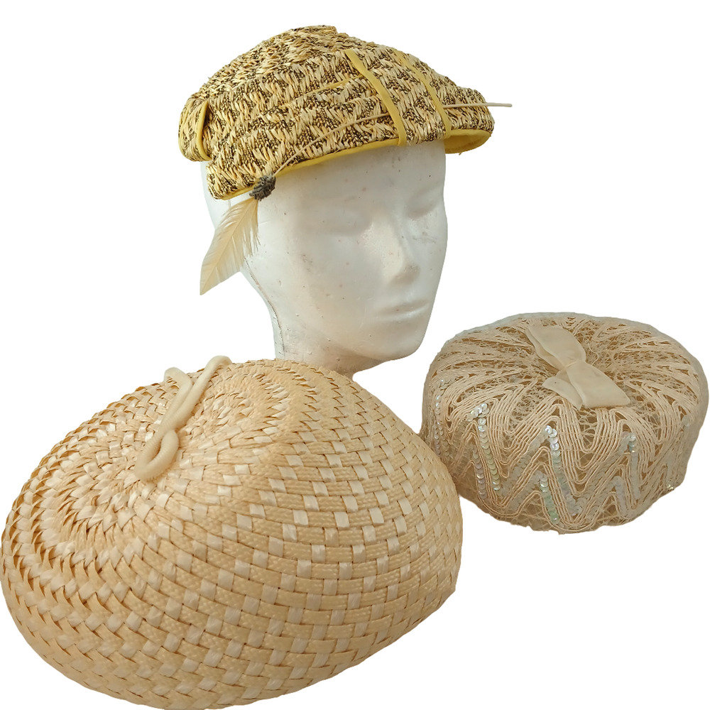 Lot of 3 Vintage Red Bird & Union Made Women's Straw Hats Cloche Beret Lace